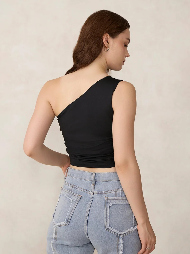 Outzidr Black Black One Shoulder Side Ruched Tank for Women | Best Price UAE