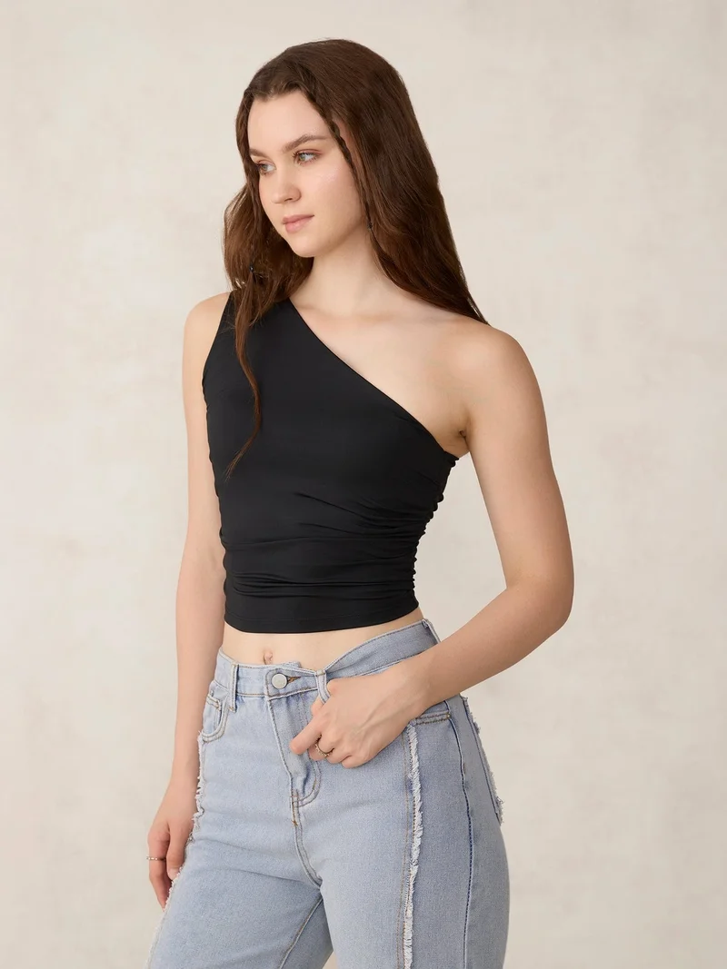 Outzidr Black Black One Shoulder Side Ruched Tank for Women | Best Price UAE