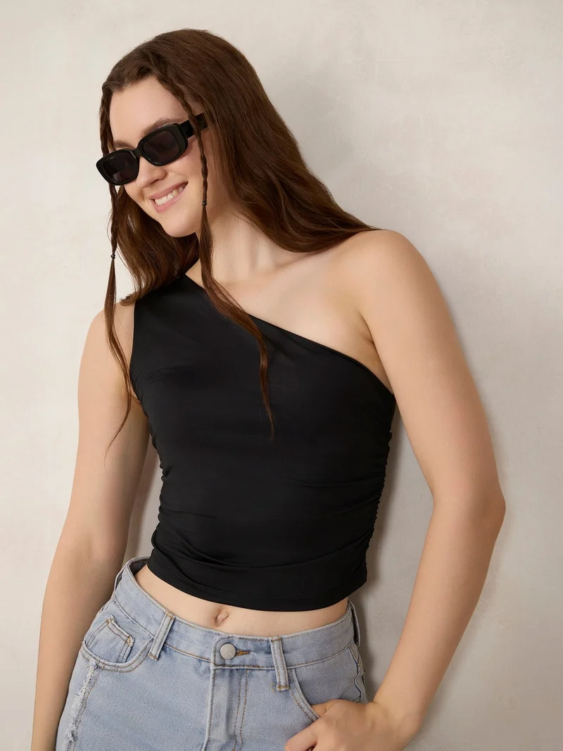 Outzidr Black Black One Shoulder Side Ruched Tank for Women | Best Price UAE