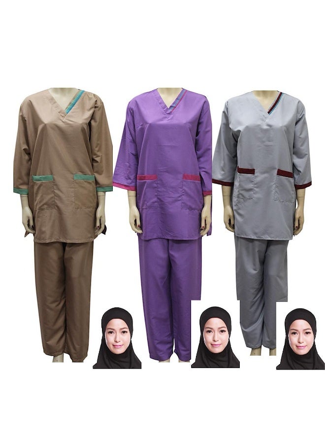طقم بدلة طبية للخادمة والمربية مكون من 3 قطع و 3 حجابات - Image 1