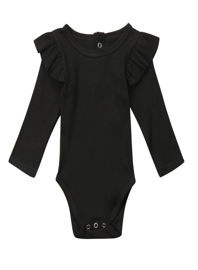 Mubineo Infant Baby Girl Basic Plain Rib Knit Ruffle Long Sleeve Romper Bodysuit Tops (Black, 18-24 Months) - Image 1