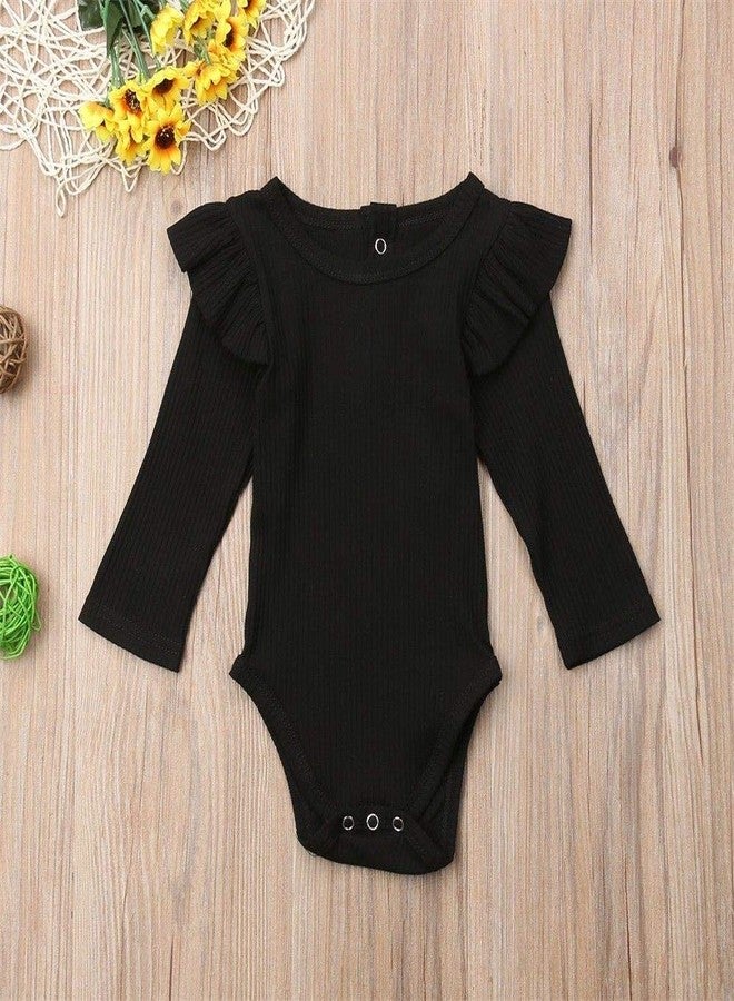 Mubineo Infant Baby Girl Basic Plain Rib Knit Ruffle Long Sleeve Romper Bodysuit Tops (Black, 18-24 Months) - Image 3