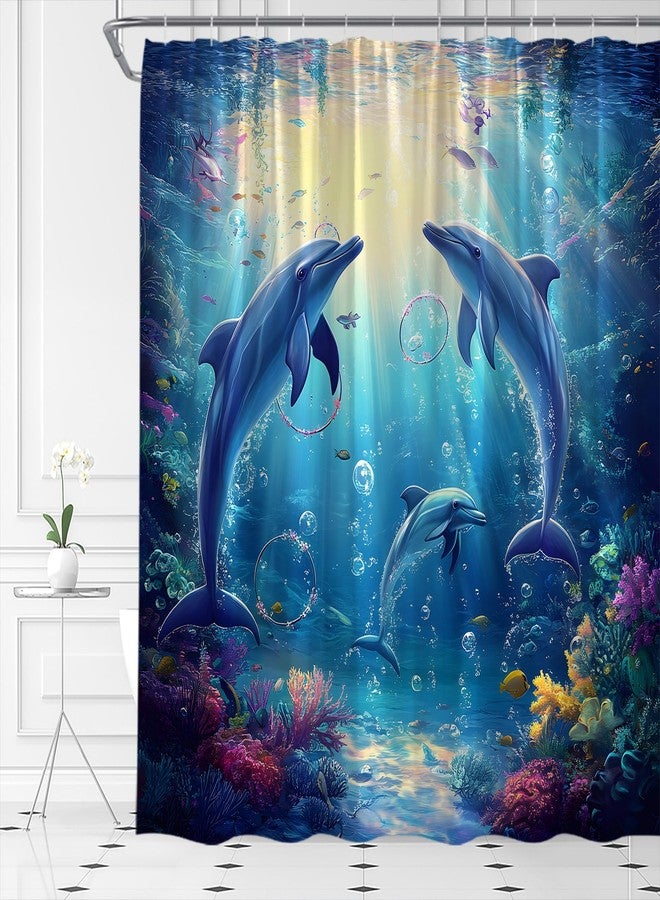 Dolphin Shower Curtain Blue Sea Animals Ocean Underwater World Coral Tropical Fish Nautical Fabric Bathroom Decor Set,70x70 inch - Image 2