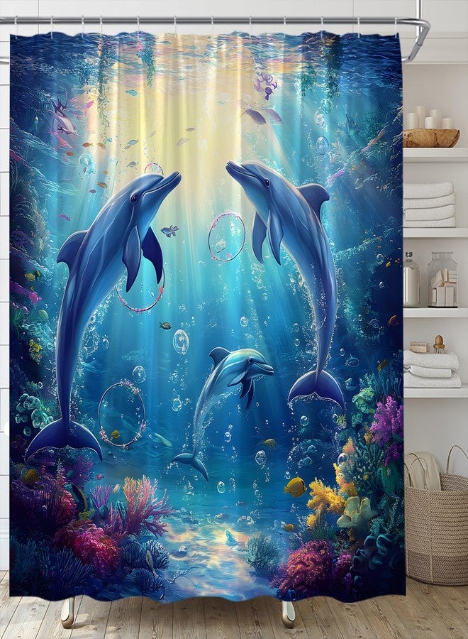 Dolphin Shower Curtain Blue Sea Animals Ocean Underwater World Coral Tropical Fish Nautical Fabric Bathroom Decor Set,70x70 inch - Image 3