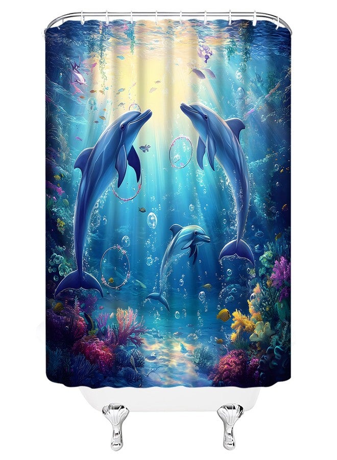 Dolphin Shower Curtain Blue Sea Animals Ocean Underwater World Coral Tropical Fish Nautical Fabric Bathroom Decor Set,70x70 inch - Image 4
