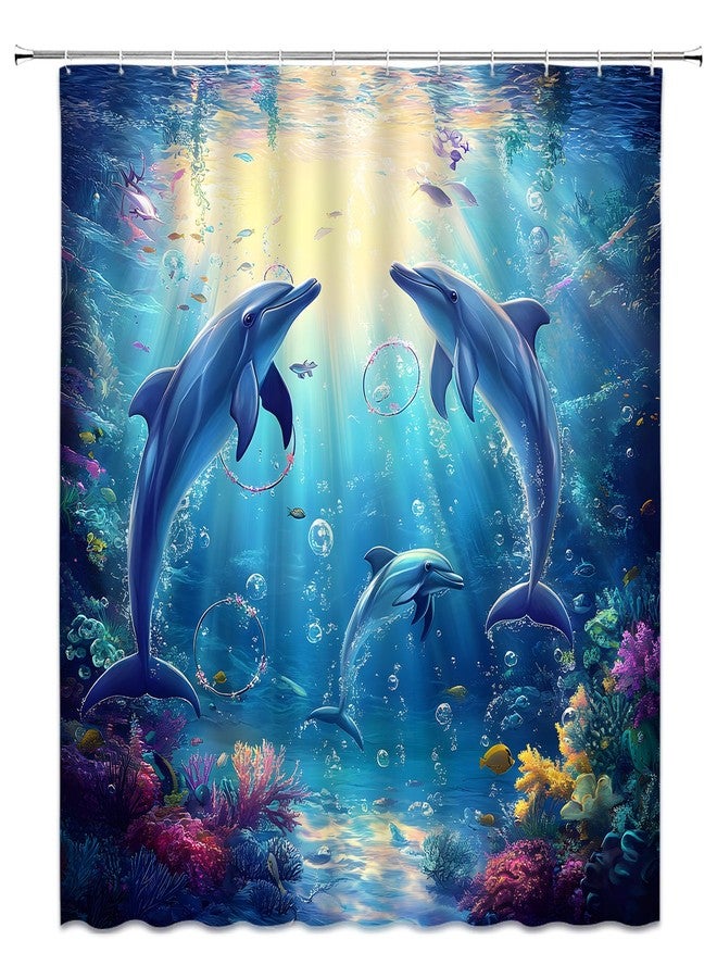Dolphin Shower Curtain Blue Sea Animals Ocean Underwater World Coral Tropical Fish Nautical Fabric Bathroom Decor Set,70x70 inch - Image 5