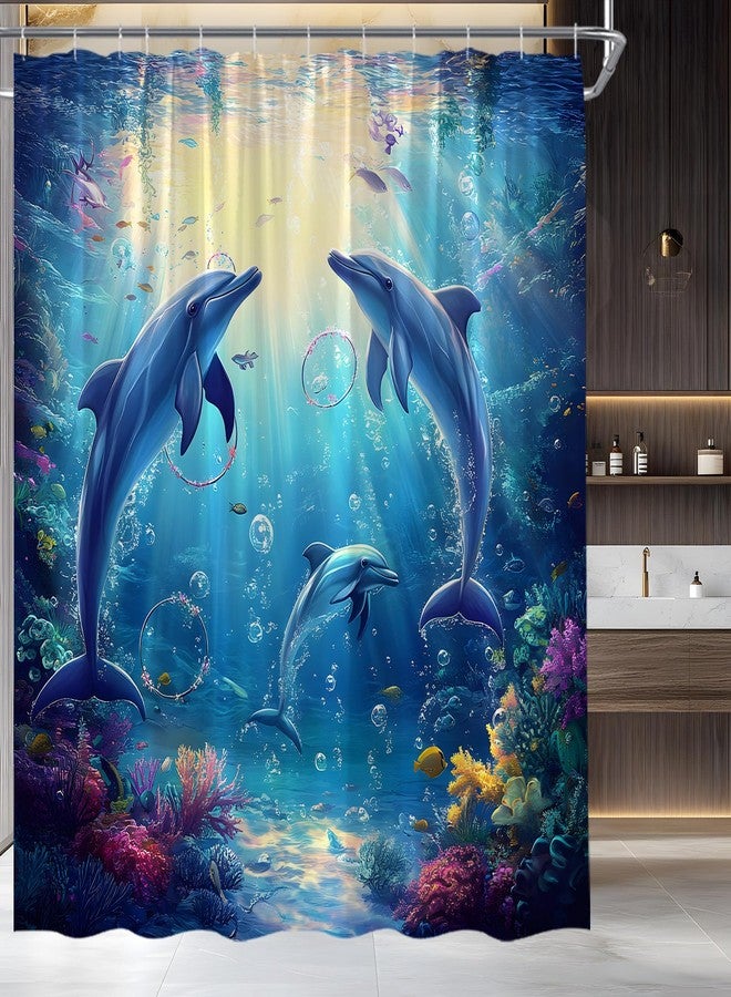 Dolphin Shower Curtain Blue Sea Animals Ocean Underwater World Coral Tropical Fish Nautical Fabric Bathroom Decor Set,70x70 inch - Image 1