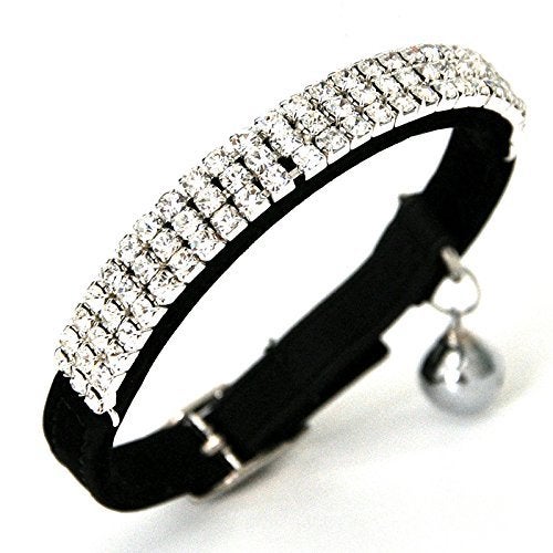 CHUKCHI Soft Velvet Safe Cat Adjustable Collar Bling Diamante with Bells,2 Pcs Black+Pink - Image 3