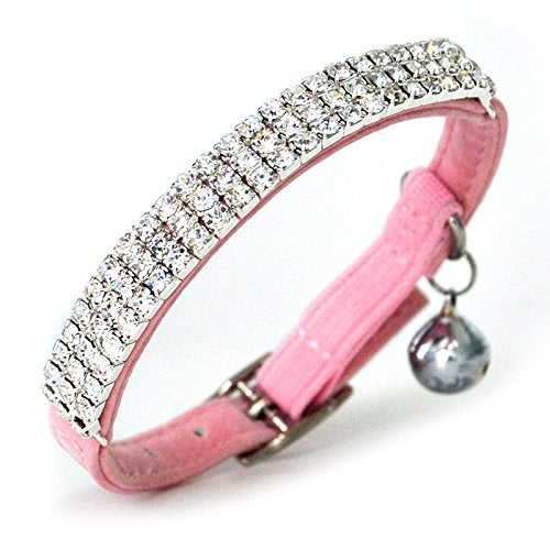 CHUKCHI Soft Velvet Safe Cat Adjustable Collar Bling Diamante with Bells,2 Pcs Black+Pink - Image 2