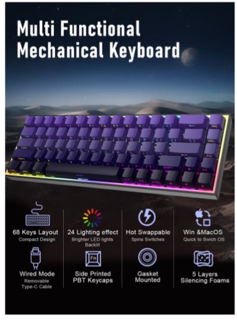 Gaming Keyboard,68-Key Mechanical Keyboard, Red Switches, Type-C Wired Connection, Multi-Color Mixed Backlight, PBT Keycaps, 100 Million Keystroke Lifespan, Compact Gaming Keyboard  - Image 2