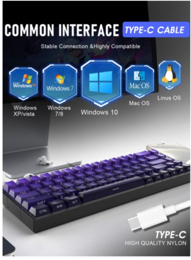 Gaming Keyboard,68-Key Mechanical Keyboard, Red Switches, Type-C Wired Connection, Multi-Color Mixed Backlight, PBT Keycaps, 100 Million Keystroke Lifespan, Compact Gaming Keyboard  - Image 4