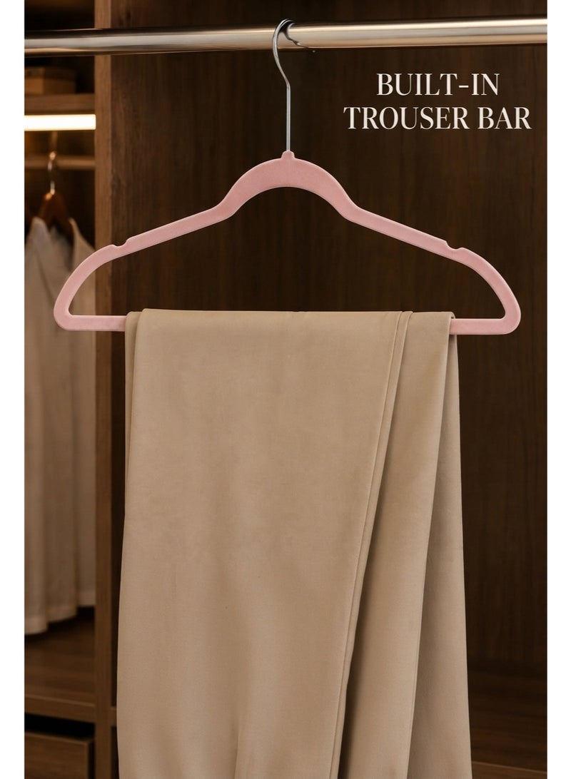 BLOOMING TIME 100-Pack Velvet Hangers, Non-Slip Slim Clothes Hangers with 360° Swivel Hooks, Shoulder Notches & Trouser Bar for Shirts, Dresses, Jackets and Pants - Image 4