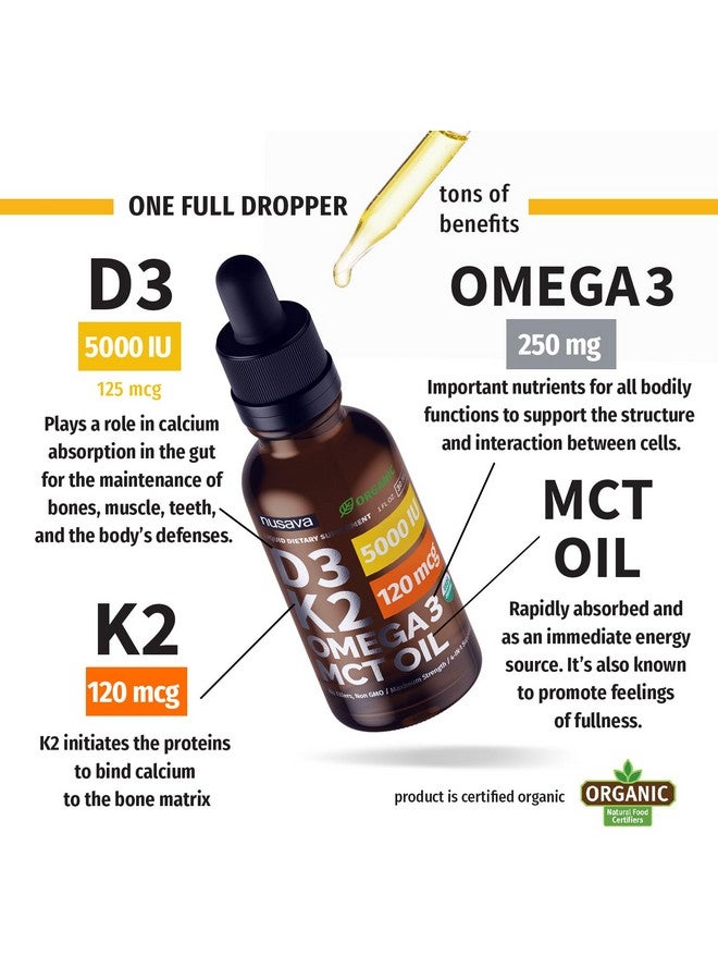 nusava (2 Pack) Organic Vitamin D3 K2 Drops w MCT Oil Omega 3, 5000 IU, Vitamin D Liquid 5000 IU, No Fillers, Non-GMO Liquid D3 for Body’s Defenses & Faster Absorption, Unflavored, 2 Fl Oz Liquid Vitamin D3 - Image 3