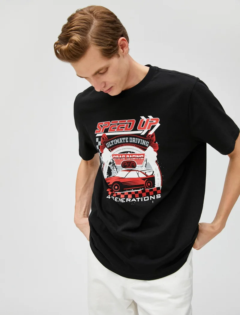 KOTON Printed T-Shirt Racing Themed Crew Neck Short Sleeve Cotton
