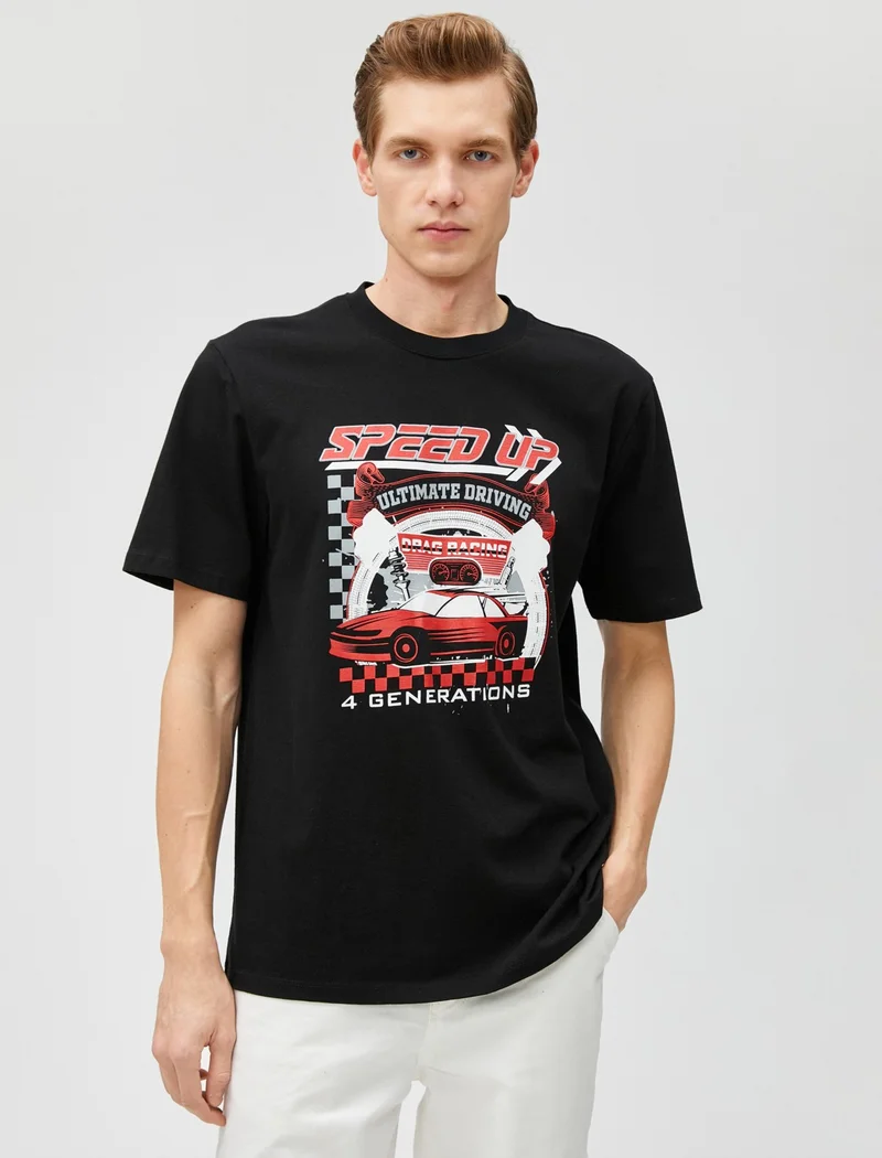 KOTON Printed T-Shirt Racing Themed Crew Neck Short Sleeve Cotton