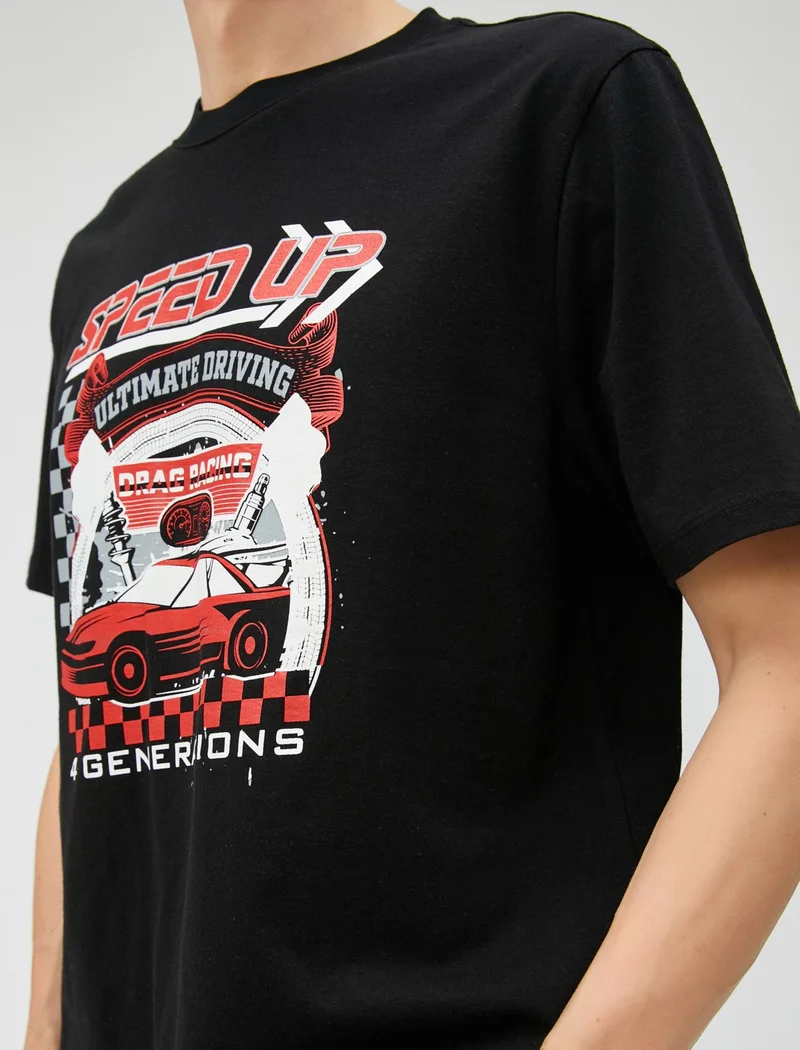 KOTON Printed T-Shirt Racing Themed Crew Neck Short Sleeve Cotton