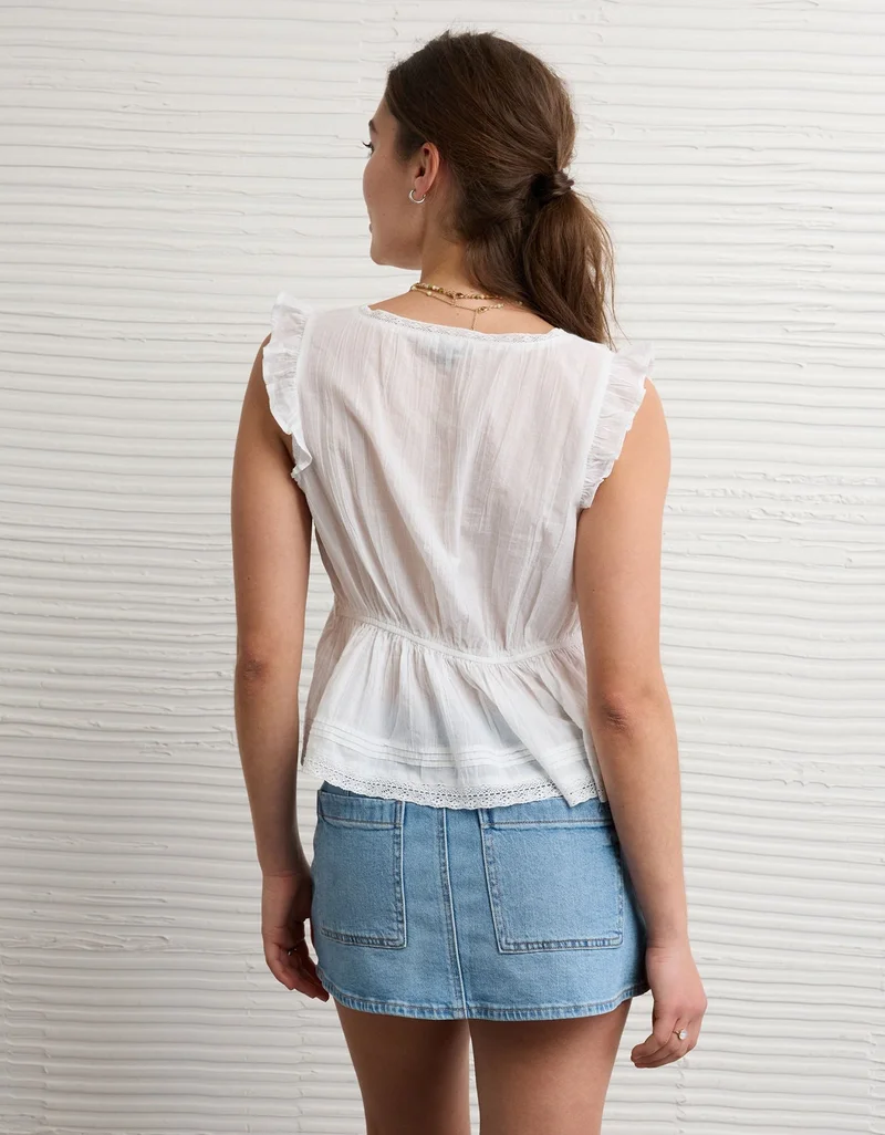 American Eagle AE Lace Trim Flutter Sleeve Blouse