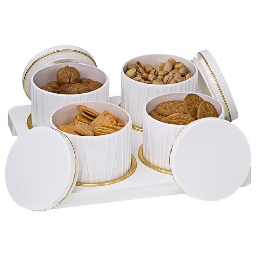 Selvel Dune Airtight DryFruit Container Tray Set-4 Pieces (450ml) Multi-Color (Emerald Green, Repose Grey, Bluish Grey) Polypropylene with Subtle Gold Rim (Classic White) - Image 1