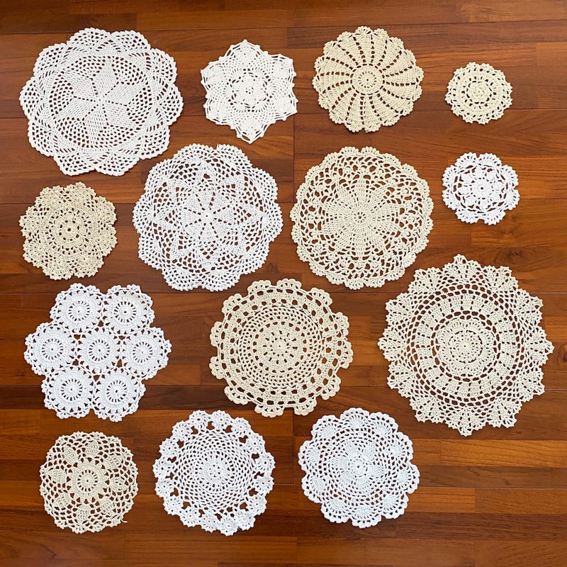 kilofly 14 pcs Cotton Crochet Coasters Doilies 4115 Handmade White Beige Placemats