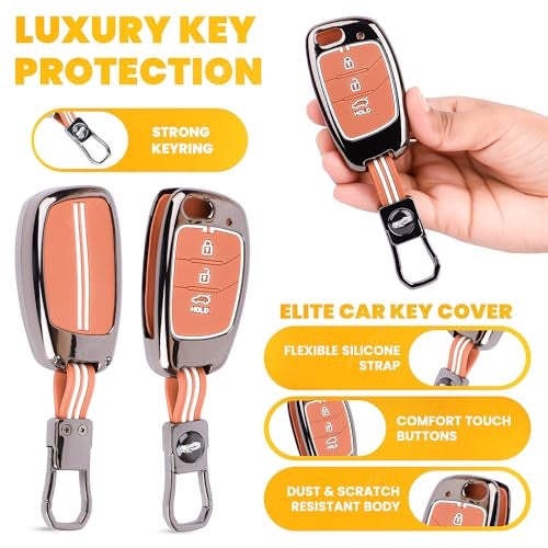 Coll of Fest Car Key Cover Compatible with Hyundai Creta, Venue, Tucson, Alcazar, i20, Grand i10 Nios, Aura, Xcent, Exter 3-Button Smart Flip Key (Chrome Metal Brown Silicone) - Image 5