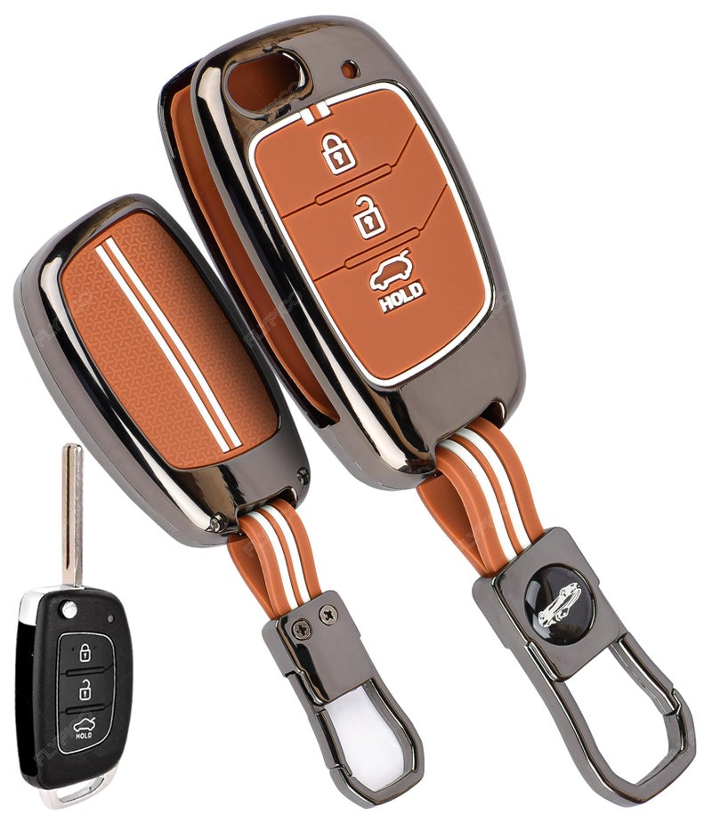 Coll of Fest Car Key Cover Compatible with Hyundai Creta, Venue, Tucson, Alcazar, i20, Grand i10 Nios, Aura, Xcent, Exter 3-Button Smart Flip Key (Chrome Metal Brown Silicone) - Image 1