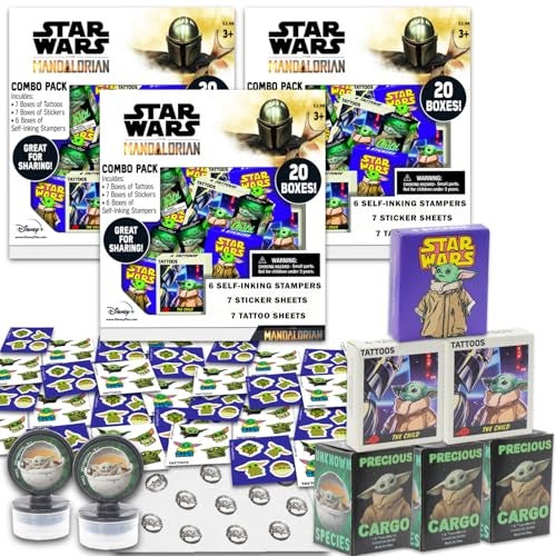 STAR WARS Baby Yoda Party Favors Bulk Set Bundle with 60 Pieces Mandalorian Favor Boxes with Stickers Tattoos and Stampers for Kids Birthday Party Classroom Prize Boxes - Image 1