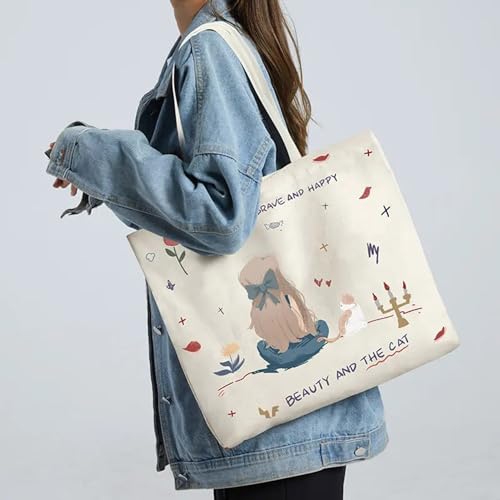 KeepCart Women Reusable Shopping/Grocery Classic Tote Bag With Pocket Shoulder Canvas Handbag Travel Bag Multi-Purpose, White - Image 2