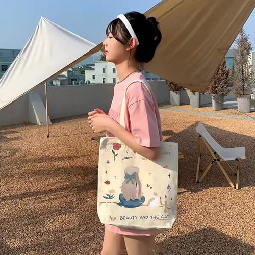 KeepCart Women Reusable Shopping/Grocery Classic Tote Bag With Pocket Shoulder Canvas Handbag Travel Bag Multi-Purpose, White - Image 5