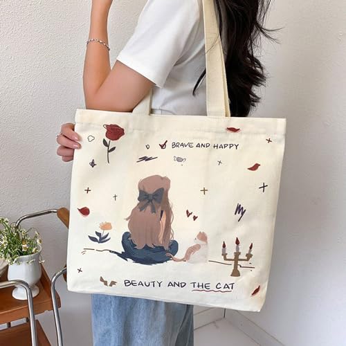 KeepCart Women Reusable Shopping/Grocery Classic Tote Bag With Pocket Shoulder Canvas Handbag Travel Bag Multi-Purpose, White - Image 4