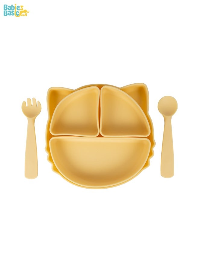 Babies Basic Feeding Set With Removable Sections , 3 Piece, Silicone Set For Self Feeding, Learning & Fine Motor Skills Soft, Easy To Grip,Silicone Suction Plate With Silicone Spoon And Fork- Yellow  - Image 1