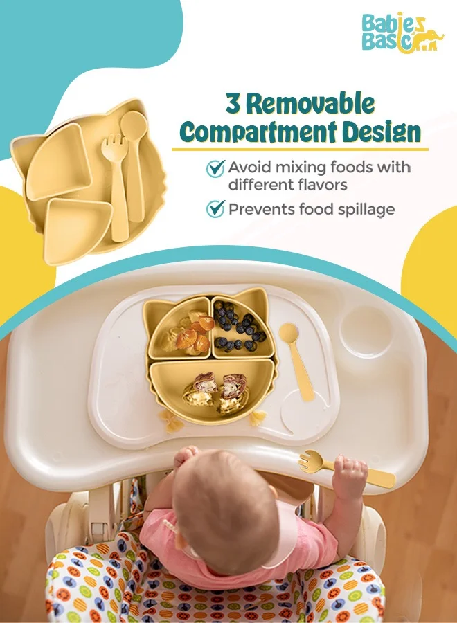 Babies Basic Feeding Set With Removable Sections , 3 Piece, Silicone Set For Self Feeding, Learning & Fine Motor Skills Soft, Easy To Grip,Silicone Suction Plate With Silicone Spoon And Fork- Yellow