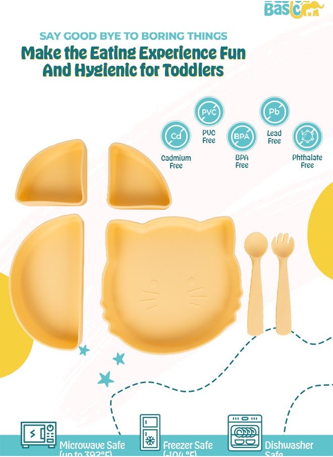 Babies Basic Feeding Set With Removable Sections , 3 Piece, Silicone Set For Self Feeding, Learning & Fine Motor Skills Soft, Easy To Grip,Silicone Suction Plate With Silicone Spoon And Fork- Yellow  - Image 3