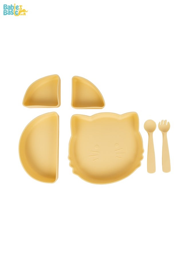 Feeding Set With Removable Sections , 3 Piece, Silicone Set For Self Feeding, Learning & Fine Motor Skills Soft, Easy To Grip,Silicone Suction Plate With Silicone Spoon And Fork- Yellow