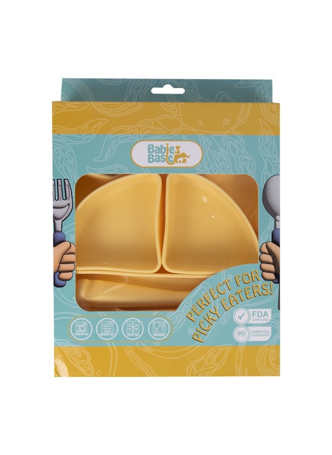Babies Basic Feeding Set With Removable Sections , 3 Piece, Silicone Set For Self Feeding, Learning & Fine Motor Skills Soft, Easy To Grip,Silicone Suction Plate With Silicone Spoon And Fork- Yellow  - Image 5