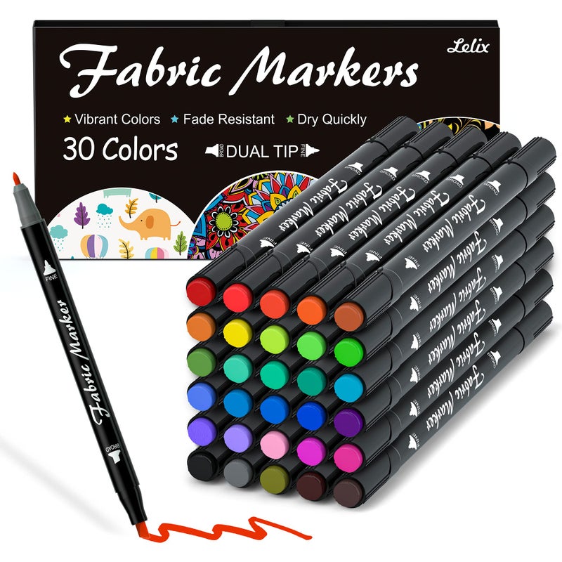 Lelix Fabric Markers 30 Permanent Colors Dual Tip Fabric Pens for Writing Painting on TShirts Clothes Sneakers Canvas Pillowcases Child Safe NonToxic for Kids Adults