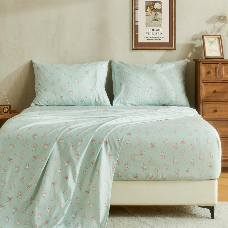 HYPREST Mint Floral Sheets King Size, Deep Pocket Sheets Black Soft Breathable Farmhouse 4pcs Bed Sheet Sets - Image 1