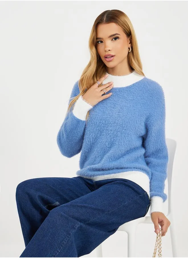 Styli Regular Fit Fuzzy Yarn Sweater with Contrast Detail