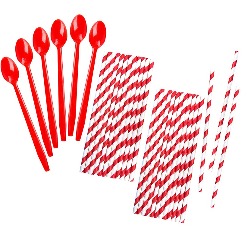 Outside the Box Papers Red Plastic SundaeSoda Spoons  8 Inch  Party Supply  Red Paper Straws  50 Each