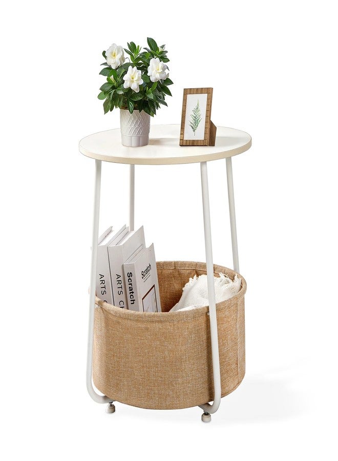 YSSOA Round Side Table, End Tables for Living Room, Small Bed Side Table, Modern White Night Stand for Bedside, Nursery, Bedroom with Cloth Storage Basket - Image 1