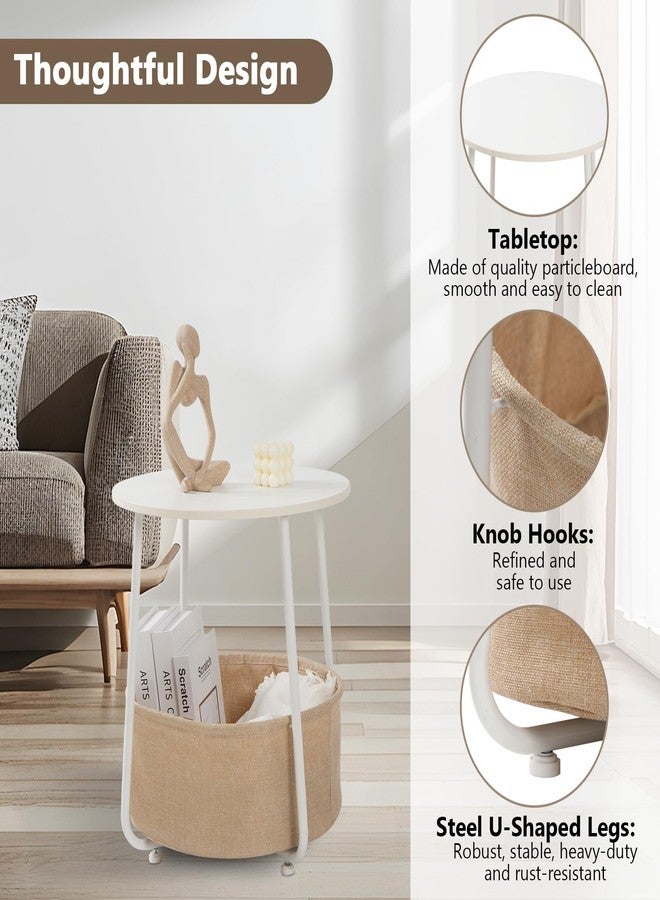 YSSOA Round Side Table, End Tables for Living Room, Small Bed Side Table, Modern White Night Stand for Bedside, Nursery, Bedroom with Cloth Storage Basket - Image 4