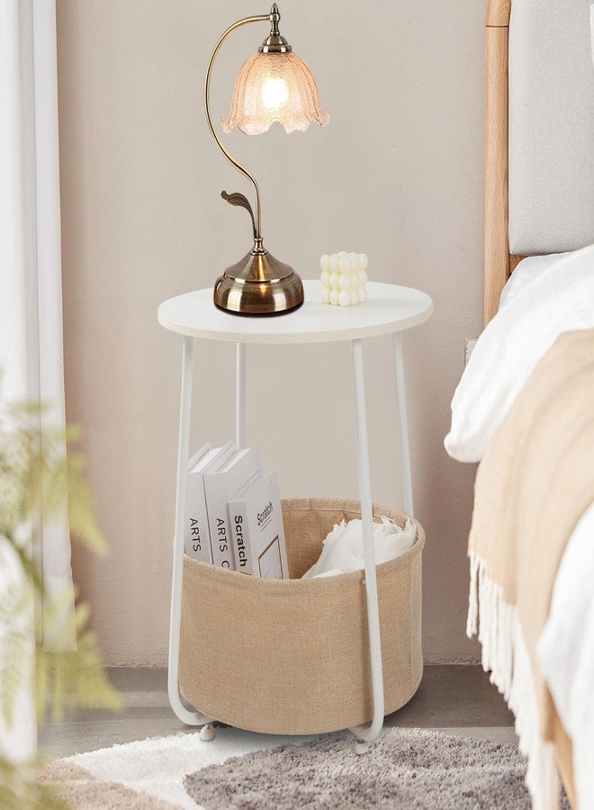 YSSOA Round Side Table, End Tables for Living Room, Small Bed Side Table, Modern White Night Stand for Bedside, Nursery, Bedroom with Cloth Storage Basket - Image 2