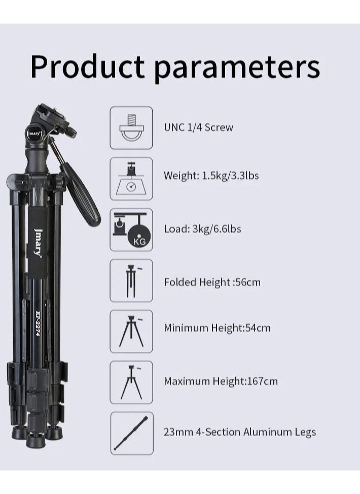 Jmary - Jmary KP-2274 CameraAluminium Tripod with 4 Sections Professional Detachable Monopod Tripod with 360 Degree Head Quick Release Plate - Image 1