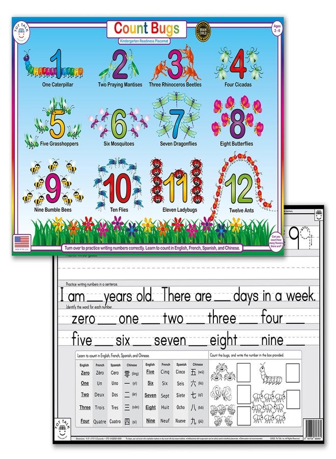Tot Talk Count Bugs Learn and Write Numbers 1-10 Kids Educational Placemat - Double-Sided, Waterproof, Wipeable - Made in USA - Practice Counting & Writing Numbers with Bugs - 17.5" x 11.5" - Image 1