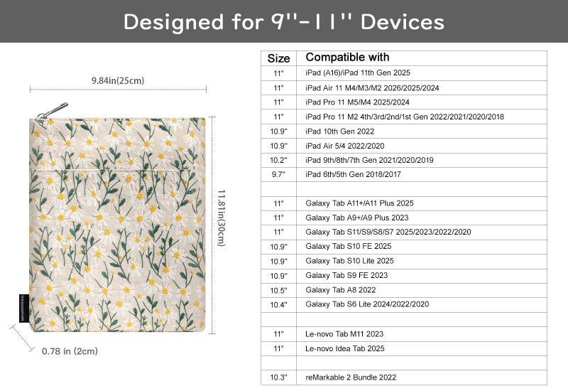 Dadanism 9-11 Inch Embroidered Daisy Padded Carrying Case Protective Tablet Sleeve for iPad A16 11th Gen 11"/10th Gen 10.9", iPad Air 11"/Pro 11"/Air 5th 4th 10.9", Galaxy Tab A11+ Plus 11", Beige - Image 2