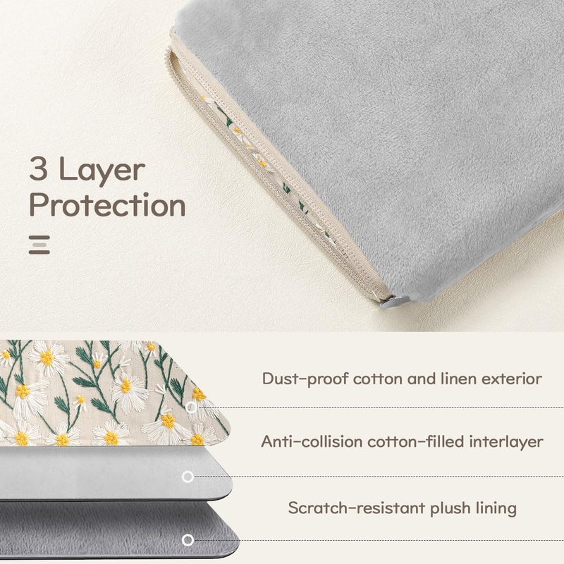 Dadanism 9-11 Inch Embroidered Daisy Padded Carrying Case Protective Tablet Sleeve for iPad A16 11th Gen 11"/10th Gen 10.9", iPad Air 11"/Pro 11"/Air 5th 4th 10.9", Galaxy Tab A11+ Plus 11", Beige - Image 3