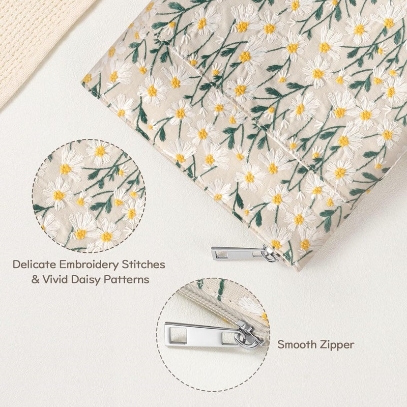 Dadanism 9-11 Inch Embroidered Daisy Padded Carrying Case Protective Tablet Sleeve for iPad A16 11th Gen 11"/10th Gen 10.9", iPad Air 11"/Pro 11"/Air 5th 4th 10.9", Galaxy Tab A11+ Plus 11", Beige - Image 5