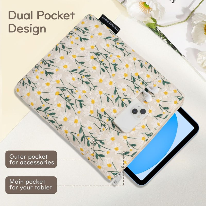 Dadanism 9-11 Inch Embroidered Daisy Padded Carrying Case Protective Tablet Sleeve for iPad A16 11th Gen 11"/10th Gen 10.9", iPad Air 11"/Pro 11"/Air 5th 4th 10.9", Galaxy Tab A11+ Plus 11", Beige - Image 4