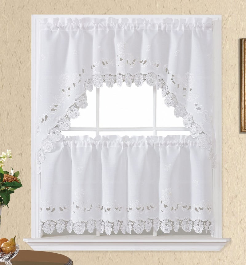 GOHD Golden Ocean Home Decor GOHD Lace Rosarium Kitchen Curtains 3PCS Kitchen Curtains and Valances Set Elegant White Fabric with Rose Embroidery and Lace White Swag and 22 inches Tiers Set