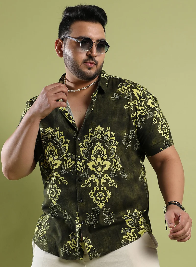 Instafab Plus Men's Forest Green Ethnic Motif Shirt For Casual Wear | Spread Collar | Short Sleeve | Button Closure | Rayon Slub Lycra Shirt Crafted With Comfort Fit For Everyday Wear