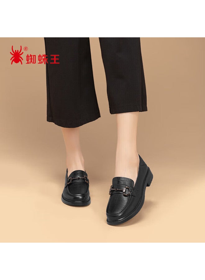 Spider King Women'S Cowhide British Style Casual Leather Shoes Fashion Thick-Soled Comfortable Loafers 090327A Black Size 38
